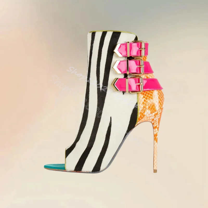 

Zebra Lychee Print Buckle Peep Toe Sandals Boots Side Zipper Women Shoes Thin High Heels Party Banquet 2024 Zapatos Para Mujere