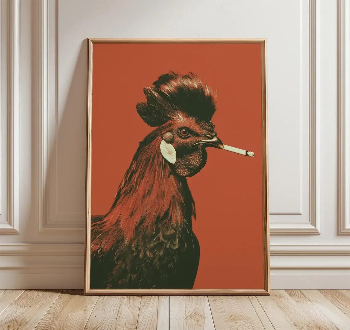 Edgy Rooster Cigarette Wall Print Decor - Photographic Style Portrait of a Black-Red Rooster with a Cigarette, Set Against a Bol