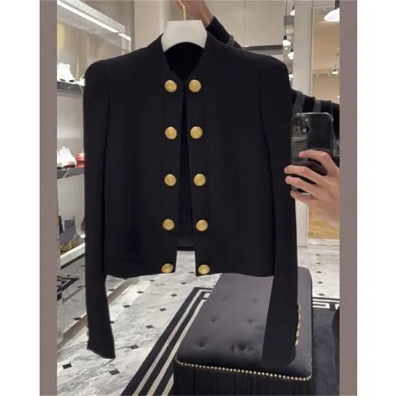 Manteau Court Noir Haut de Gamme pour Femme, Veste à Double Boutonnage, Nouvelle Collection Printemps Automne 2025