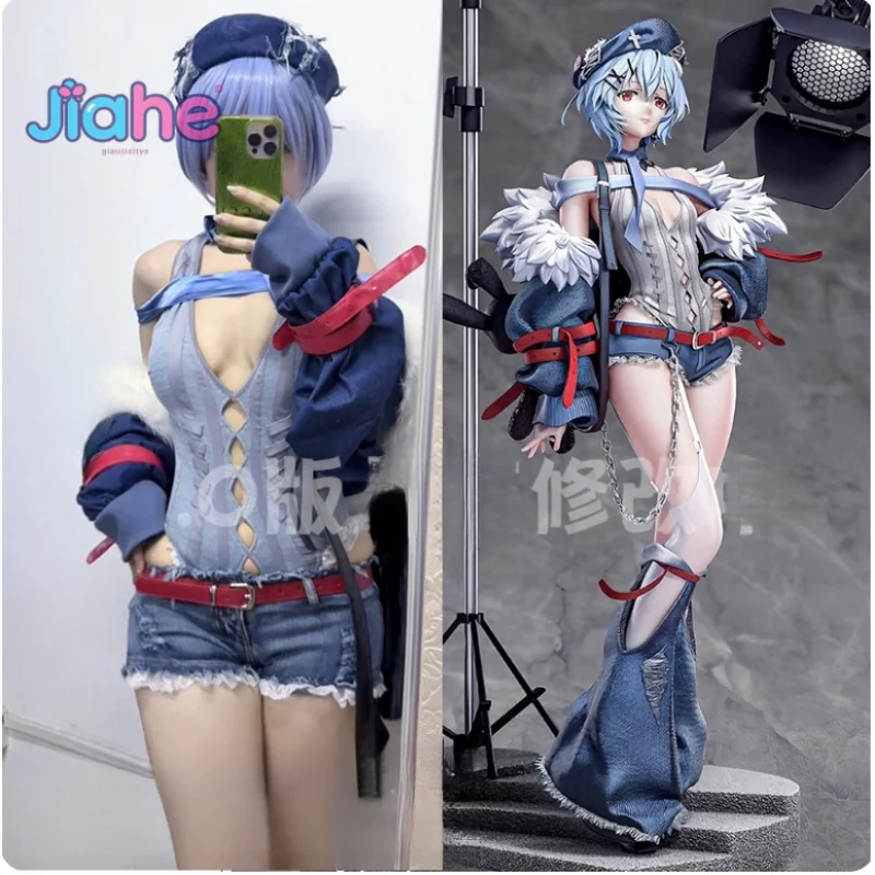 새로운 아야나미 레이 애니메이션 EVA 코스프레 의상 여성 캐주얼 코트 모자 청바지 벨트 액세서리 소품 세트 할로윈 파티 유니폼 S-XL