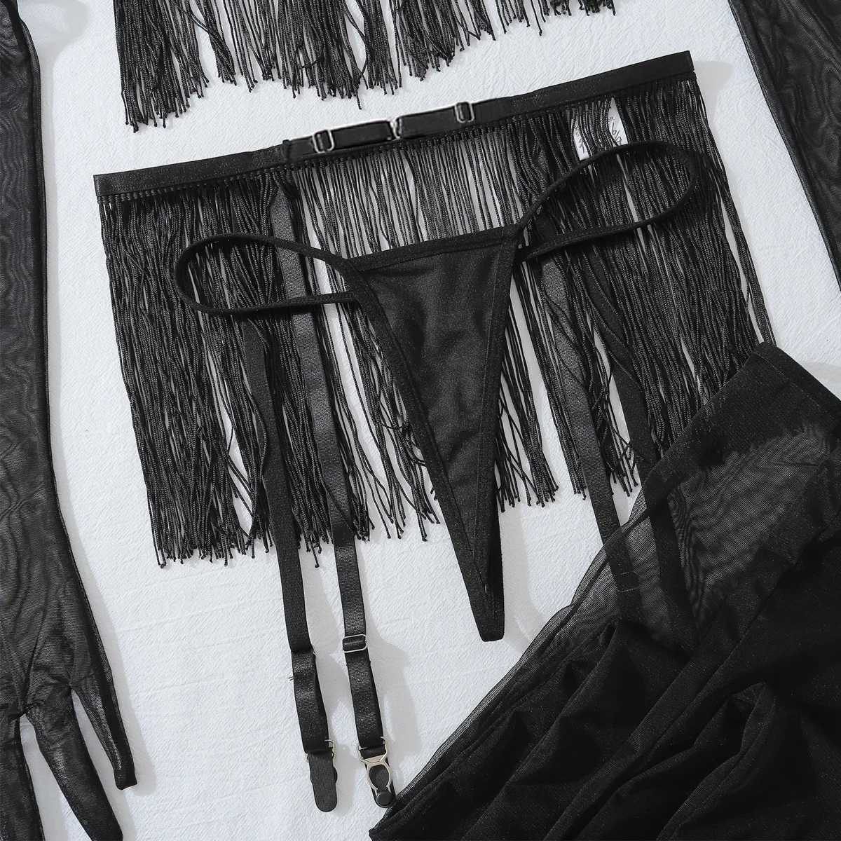 Conjunto de lingerie sexy com franjas transparentes de renda vazada, conjunto de seis peças de sedução de tentação sem remoção