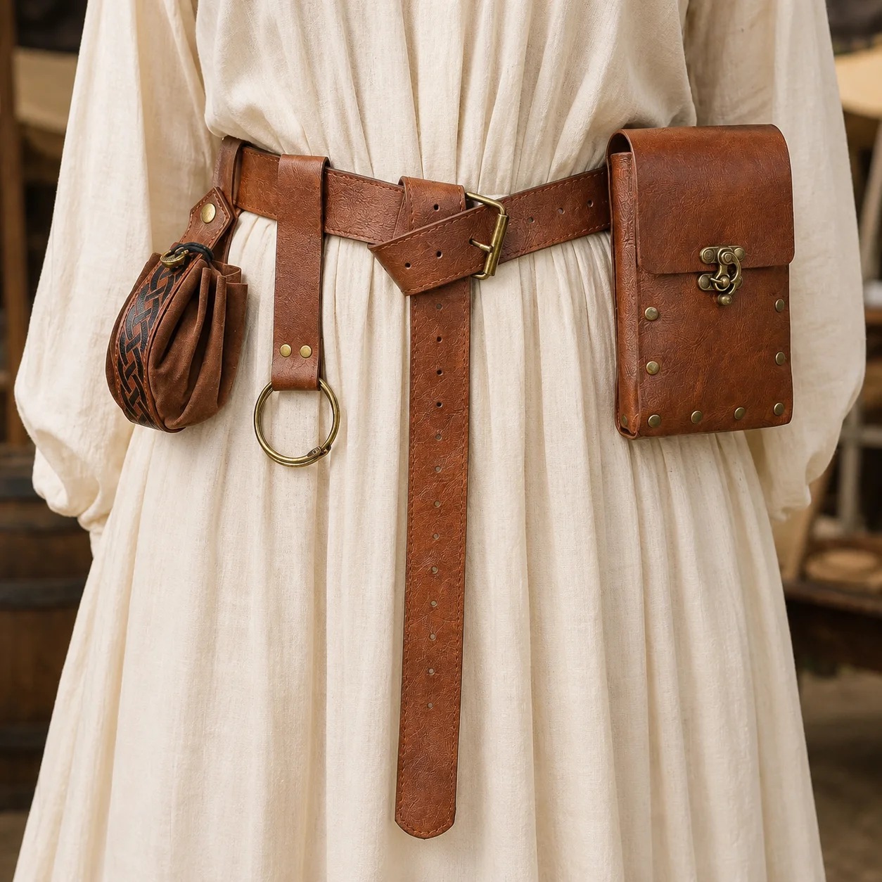 Medieval Distressed PU Wide Belt with Dual Pouch Pendants 4‑Piece Set, Viking Merchant & Ranger Hanging Waist Kit, Renaissance L