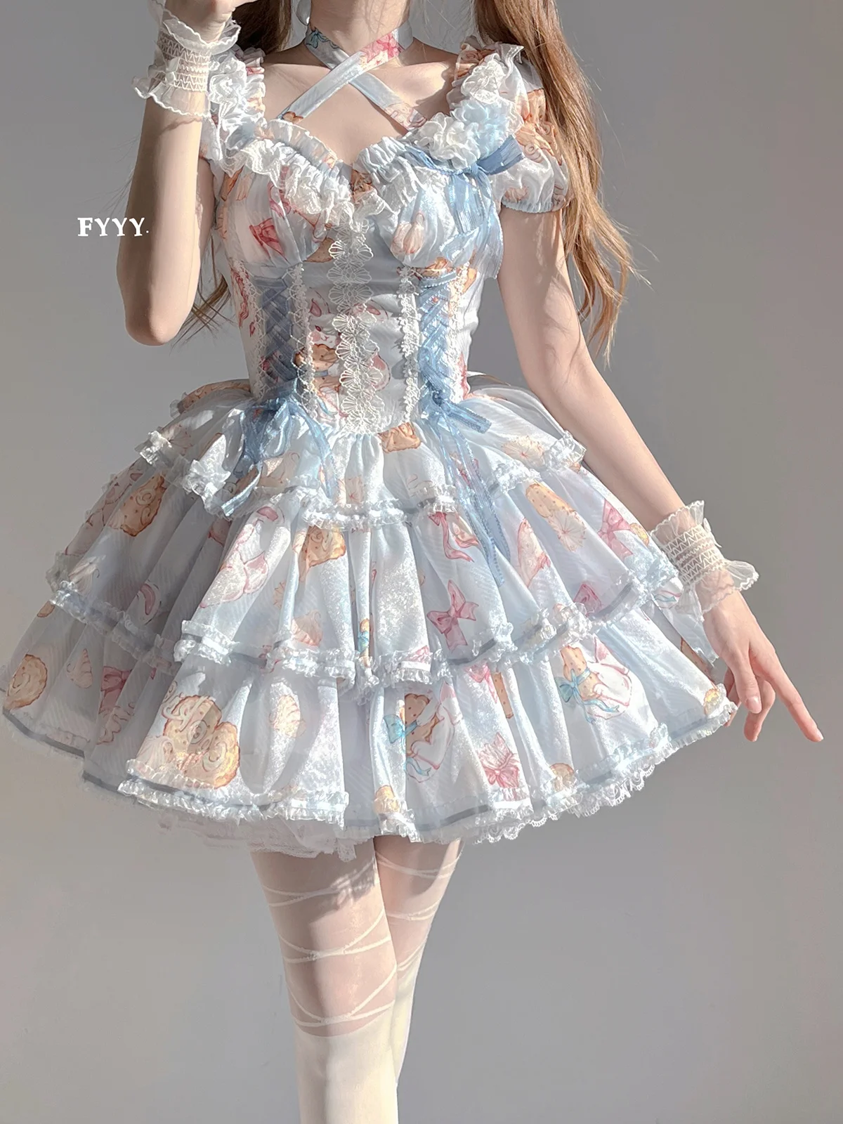 

Cookie Rabbit French Romantic Style Lolita Op Elegant Girl Cosplay Princess Puff Sleeve Ribbon Bowknot Flower Cute Fairy Dress