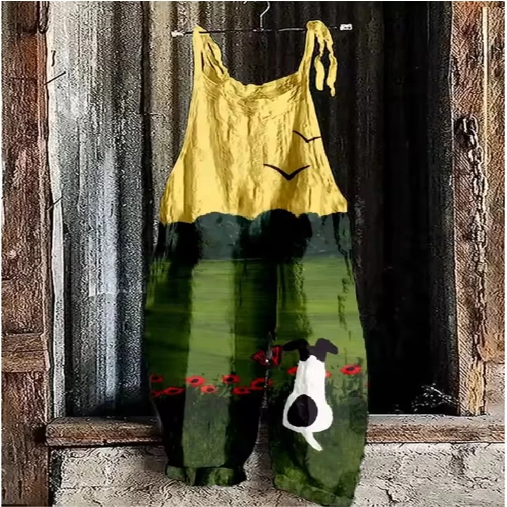 2025 Summer Women's Daily Breathable One-Piece Pants, 3D Pink Dog Print, Fashionable and Cute Loose One-Piece Pants