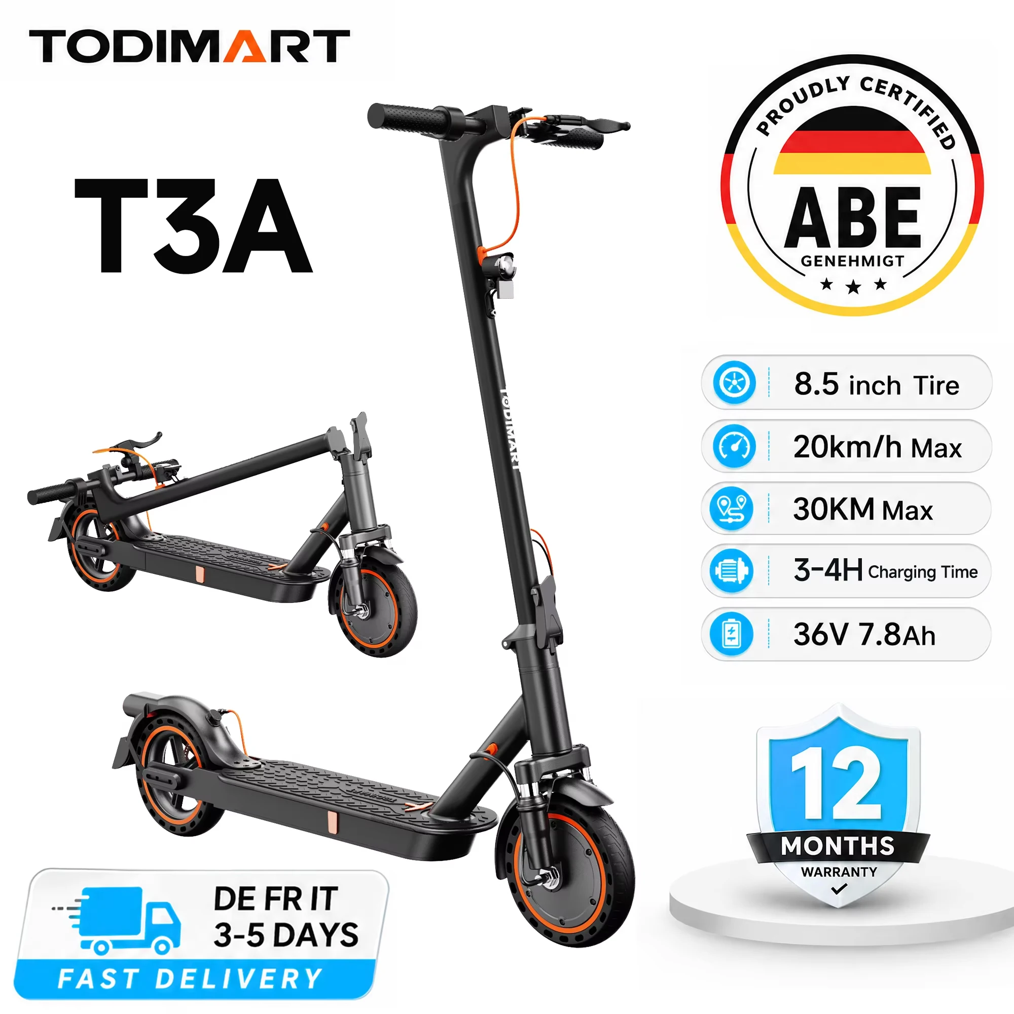 T3A ABE E‑Scooter Faltbarer Elektroroller, 25‑30km Reichweite Bürstenloser E‑Roller mit App‑Steuerung 8.5 Zoll Reifen Max 120kg Belastung E Scooter mit straßenzulassung