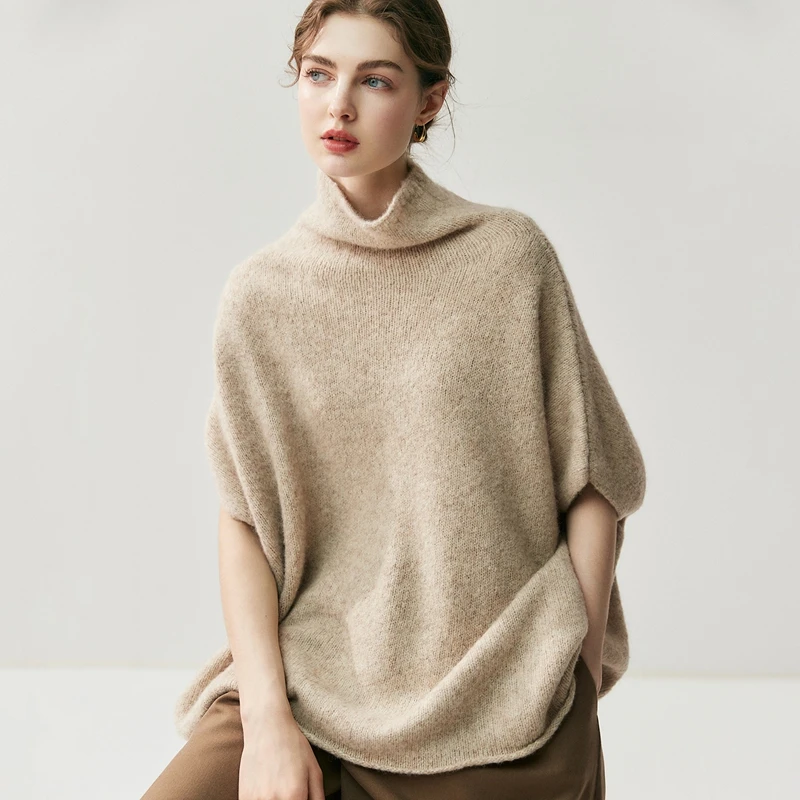 

Women's 100% Cashmere Relaxed Shoulder High Neck Short Sleeve Batwing Style Pullover Sweater Autumn Winter Knitted Tops