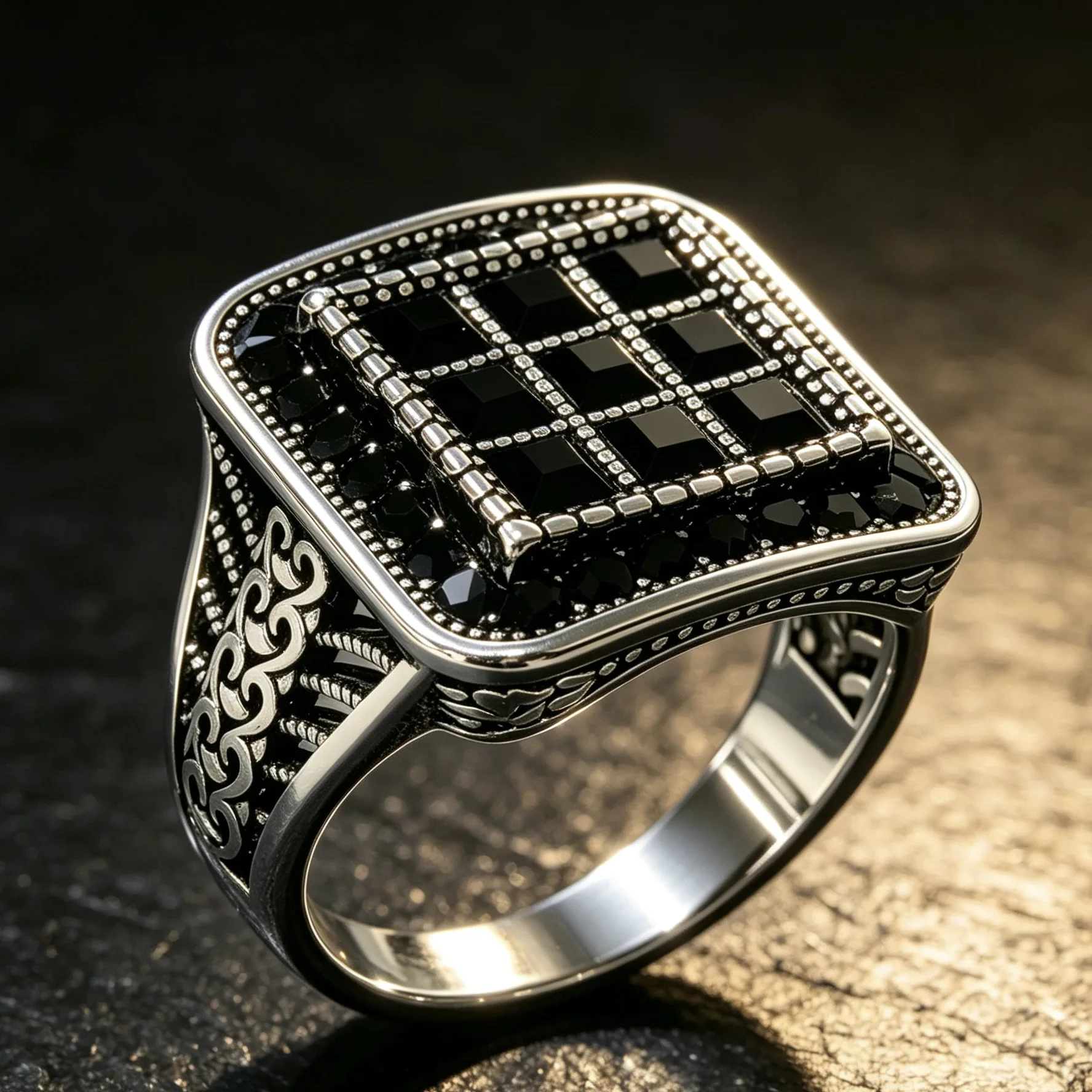 Black Onyx Grid Checkerboard Vintage Filigree Wide Ring, Hypoallergenic Retro Gothic Jewelry, Unique Birthday Christmas Gift