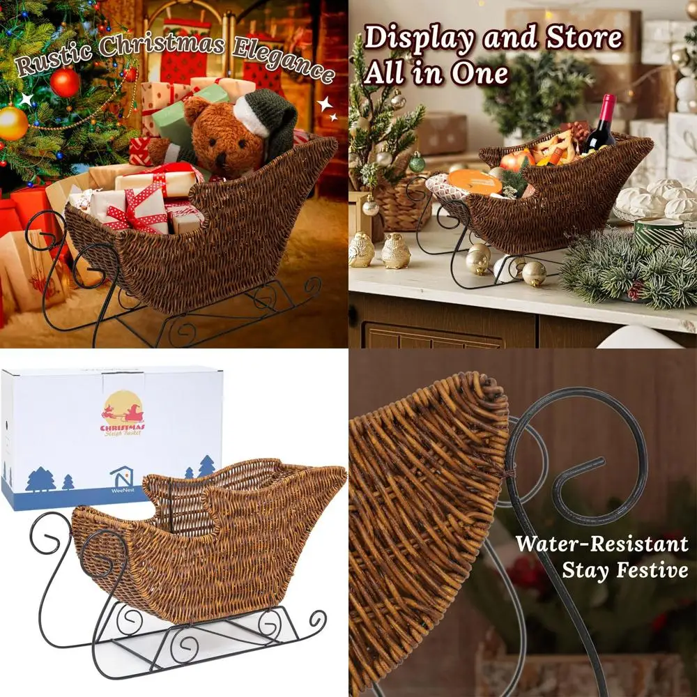 

Holiday Sleigh Wicker Basket with Christmas Decorations and Toffee Treats