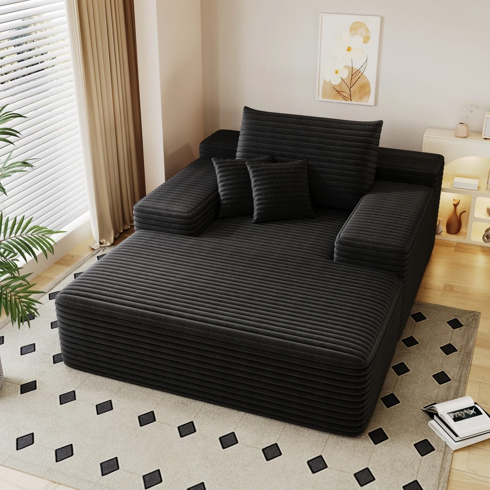 

Oversized Chaise Lounge Chair Indoor 51 Inch Corduroy Upholstered Sofa Bed, Deep Seat with 3 Pillows,Living Room Bedroom, Black