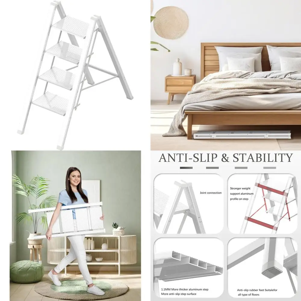 سلم محمول قابل للطي وخفيف الوزن من الألومنيوم مع مشطات مضادة للانزلاق، سعة 330 رطل، مثالي للاستخدام الداخلي في المطبخ وClo