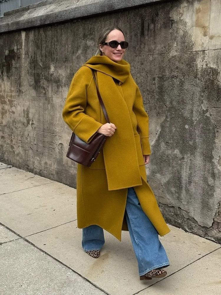

Chic Yellow Scarf Collar Woolen Coat Lady Chic Single Breasted Pocket Loose Long Overcoat Women Winter Commute Street Coats