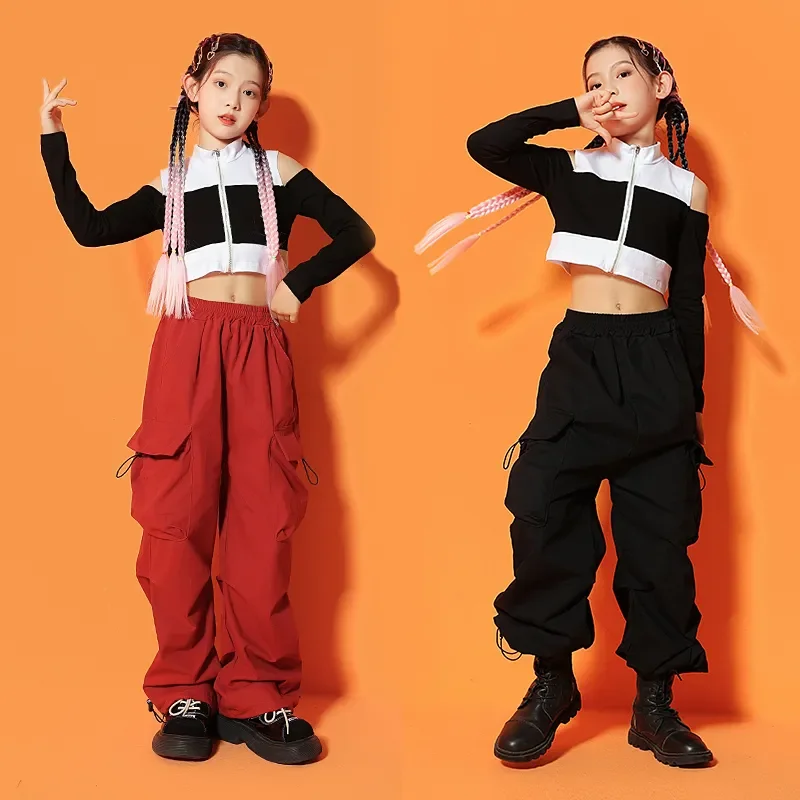 Cargo Pants For Girls Jazz Dance Costume Rave Clothes Kids Showing Street Hip Hop Clothing Crop Top Long Sleeve T Shirt Casual