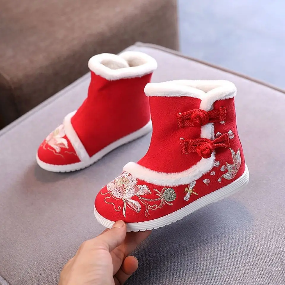 

Children's Hanfu shoes plus velvet cotton shoes children's ancient embroidered shoes girls girls costume old Beijing cloth shoes