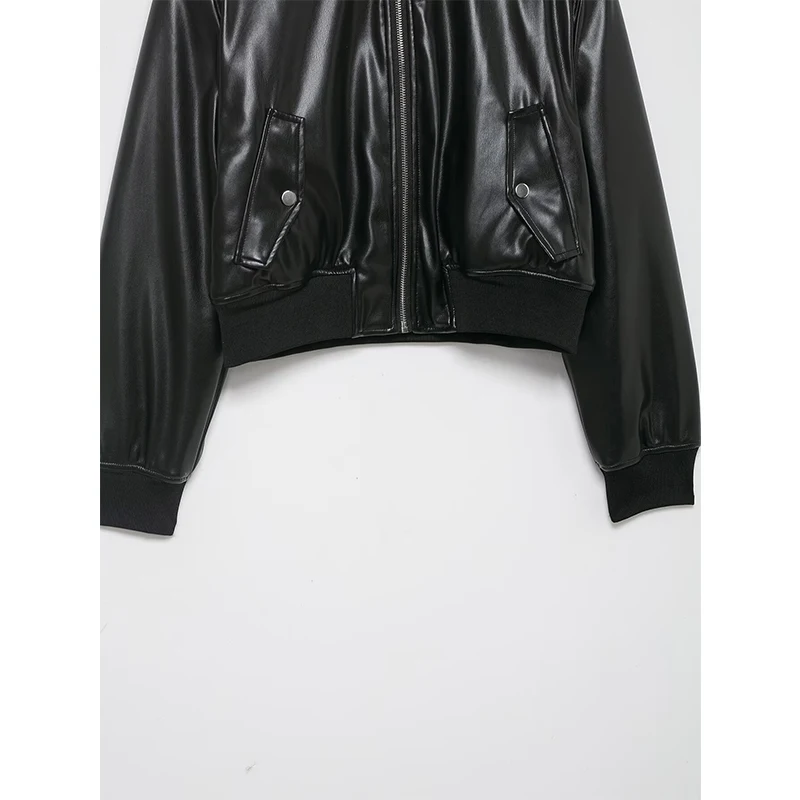 YENKYE Giacca bomber nera in ecopelle allentata per donna Cappotto da motociclista corto con cerniera frontale a maniche lunghe