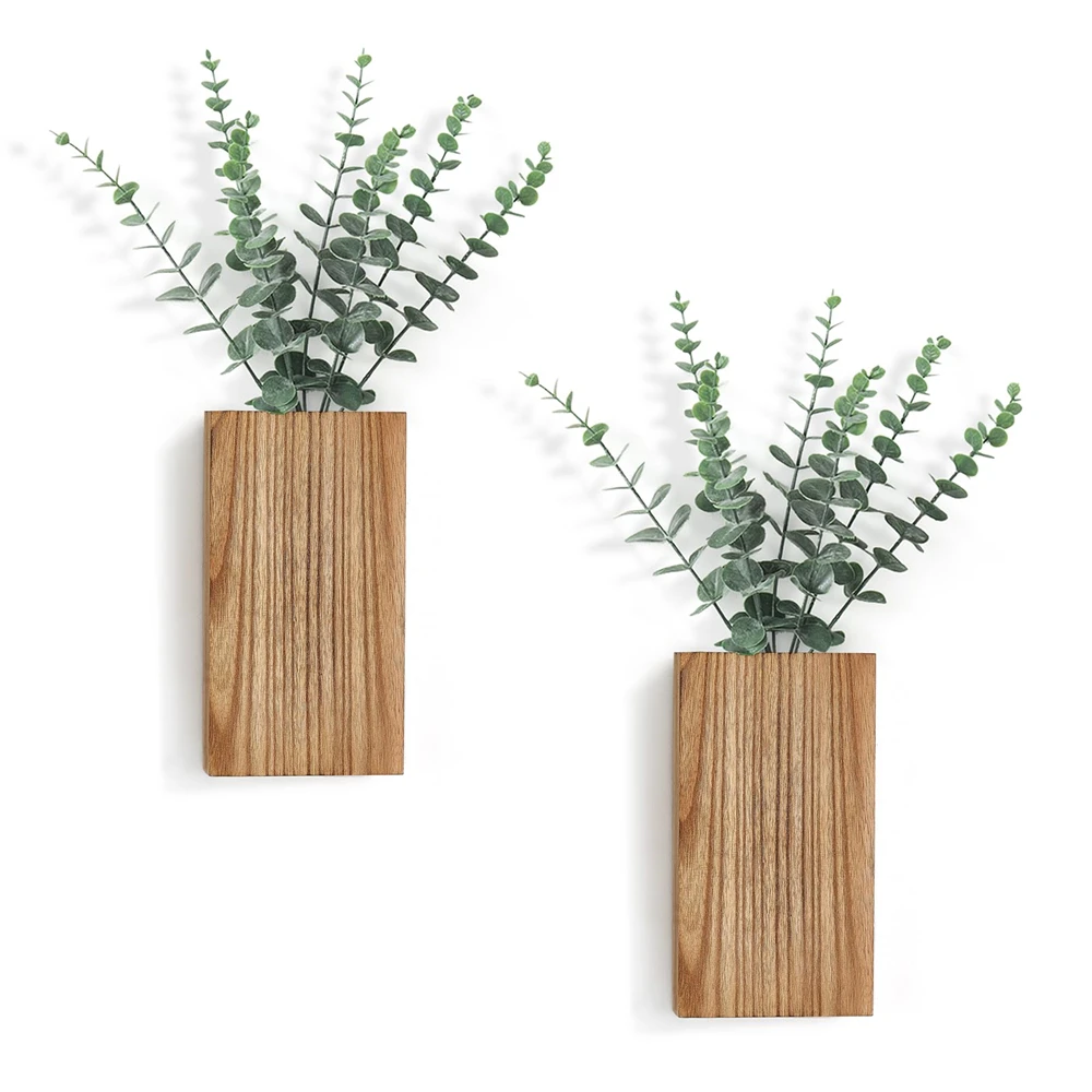 2 Pack Wood Wall Planter Vase with Artificial Eucalyptus Farmhouse Wall Hanging Planter for Dried Flowers in Living Room Bedroom