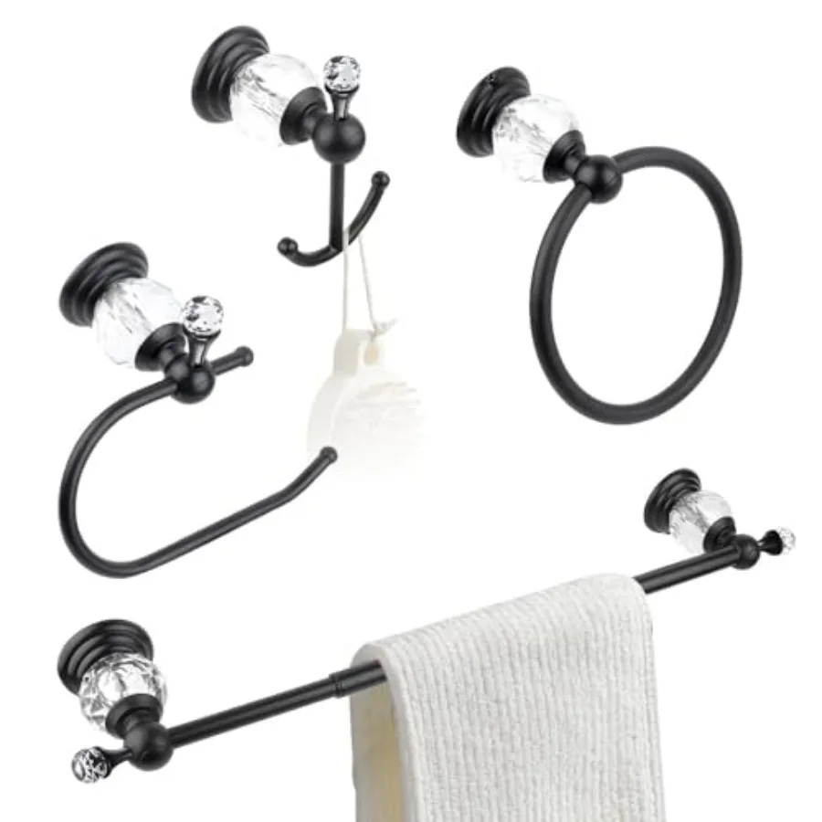 

Bathroom accessories set: black crystal hardware, adjustable 24-inch towel bar, toilet paper holder, towel ring, coat hookswall