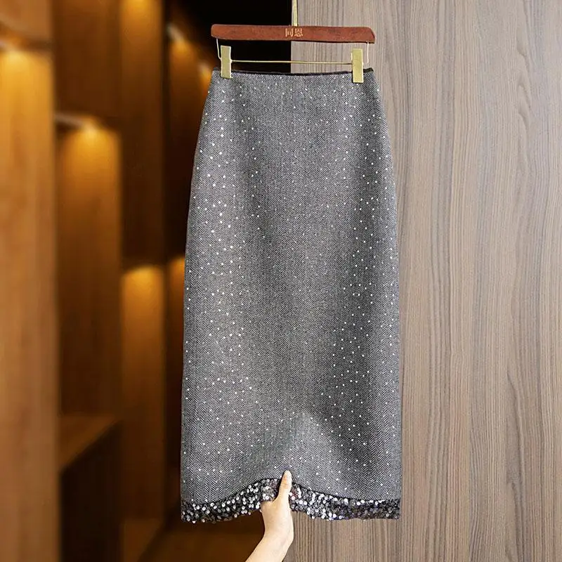 Sparkling High Waist Asymmetrical Midi Skirt for Women Commute Style with  A-Line Silhouette Thickened Winter New