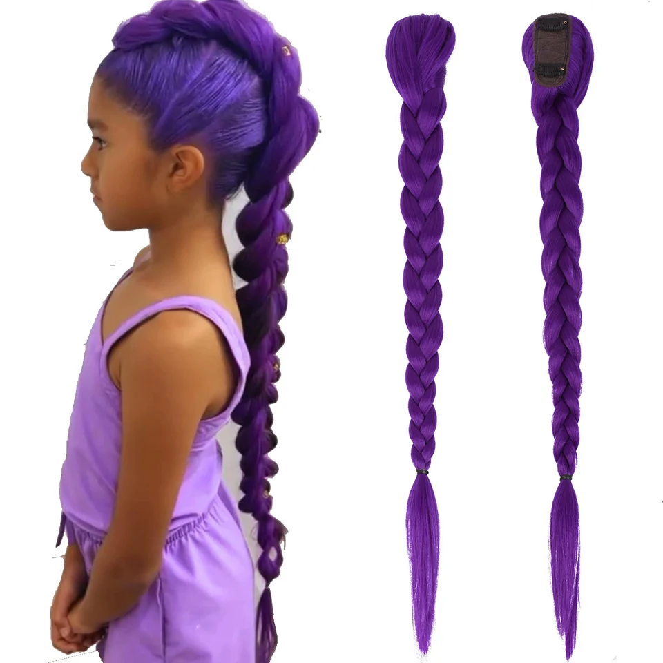Synthetische geflochtene lila Haar-Pferdeschwanz-Kostüm-Frisur, 66 cm langer Pferdeschwanz mit Clips für Kinder, Mädchen, Halloween, Weihnachten – Detail 2