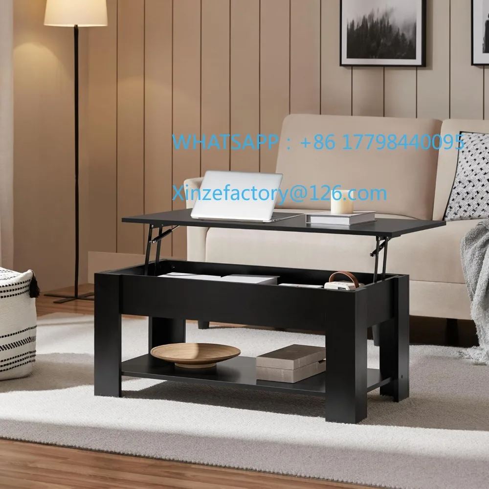 

Customizable lift top wooden coffee table with large hidden storage shelf for living room dining