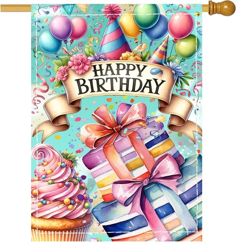 Happy Birthday House Flag 28X40 Inch Double Sided Cupcake Colorful Balloon Large 7445022457426 AAV hhz