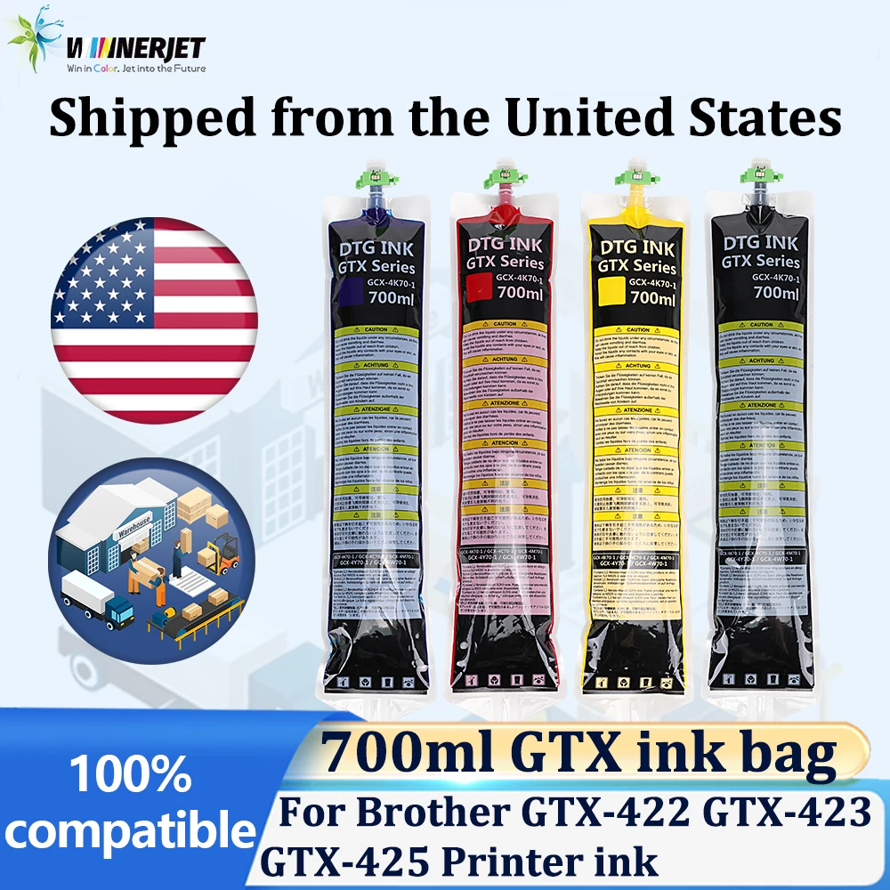 Winnerjet KCMY 4 bag GTX ink bag with DTG ink chip For Brother GTX-422 GTX-423 GTX-425 GTX-600 GTX PRO Brother Printer Ink