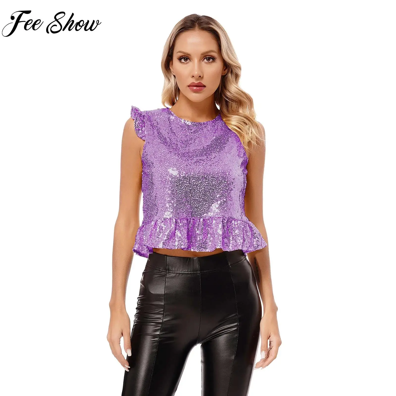 Women's Tank Sparkly Sequin Fashion Zipper Ruffle Peplum Top for Halloween Carnival Costume Performance Theme Party Clubwear