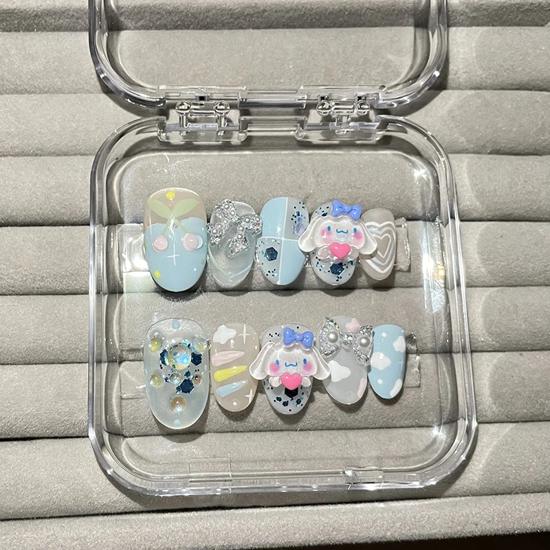 Juego de Uñas postizas, Set de 10 piezas, azul, Kawaii, cortas, hechas a mano con dijes Sanrio, accesorios Y2k, puntas de uñas acrílicas