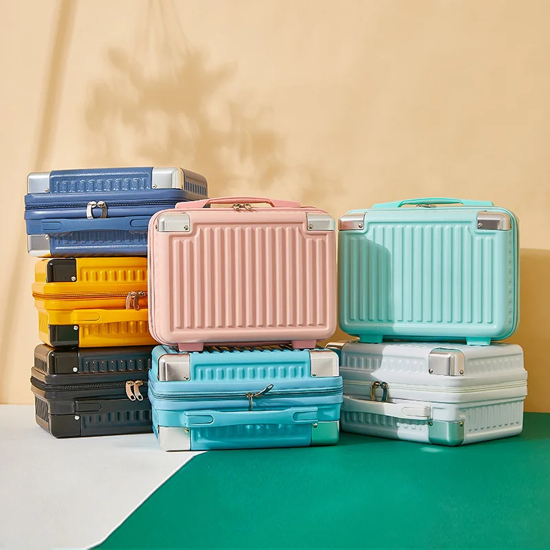 14 Inch Vertical Stripe Suitcase Color Cosmetics Storage Box Aluminum Alloy Corner Travel Mini Suitcase