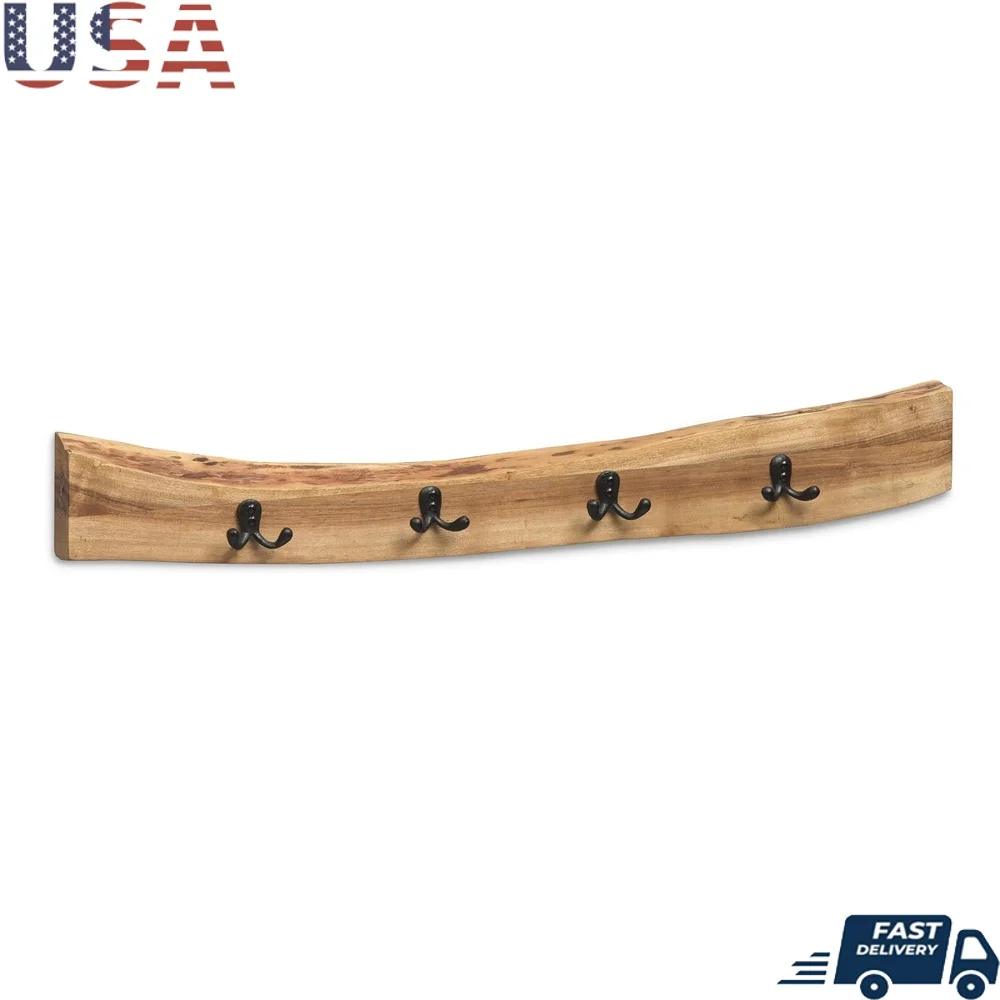 

Natural Live Edge Acacia Wood 36 Inch Coat Hooks Unique Design Black Metal Hooks Flush Mount Easy Installation Home Decor