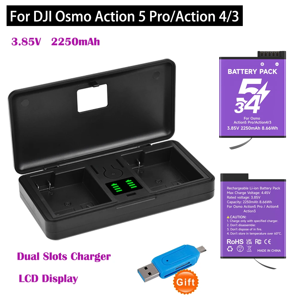 2250 mAh für DJI Osmo Action 5 Pro Akku Action 4 3 Kamera-Akkus + Schnellladegerät für DJI Action 5 Pro/4/3 Zubehör