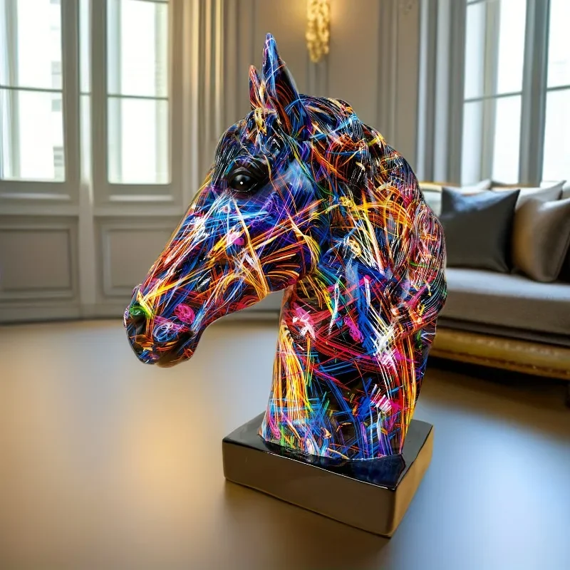 Colorful Graffiti Horse Head Figurine, Horse Head Resin Art, Modern Crafts, Horse to Success Sculpture for Home/Office Desktop