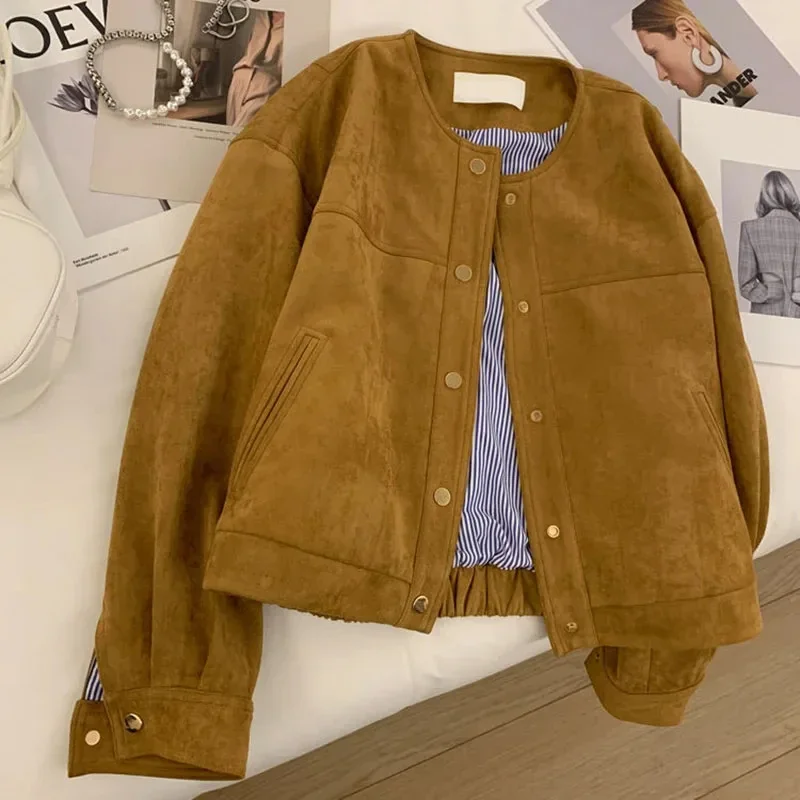 Suede Short Jacket 2024 Women  Camel Fashion Long Sleeve Flight Suit Harajuku Single Breasted Loose Tops Female Vintage Coats