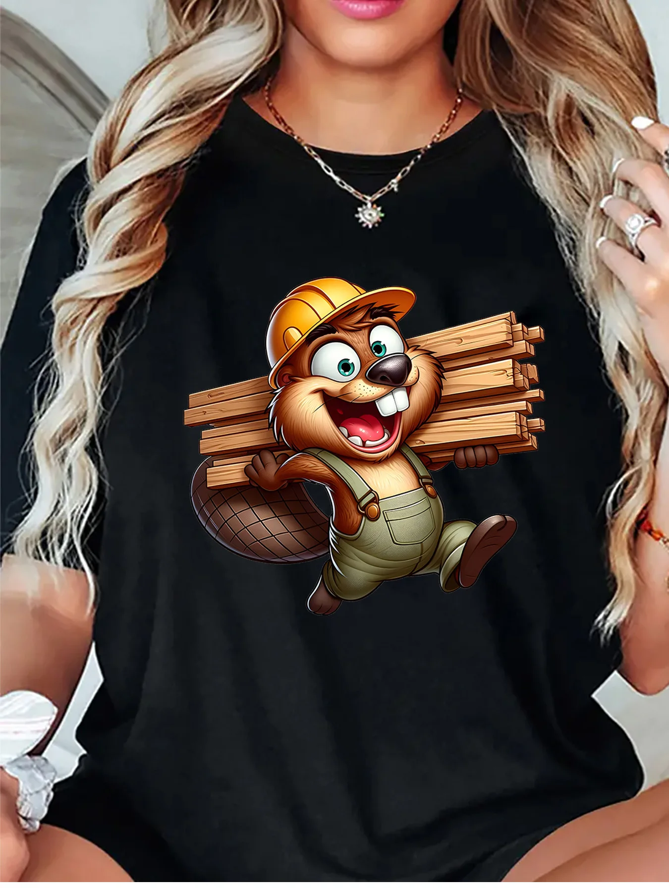 Cute Cartoon Beaver With Safety Helmet Carrying Wood Art Print Graphic Ladies T Shirt Short Sleeve Crew Neck Casual Tee Tops