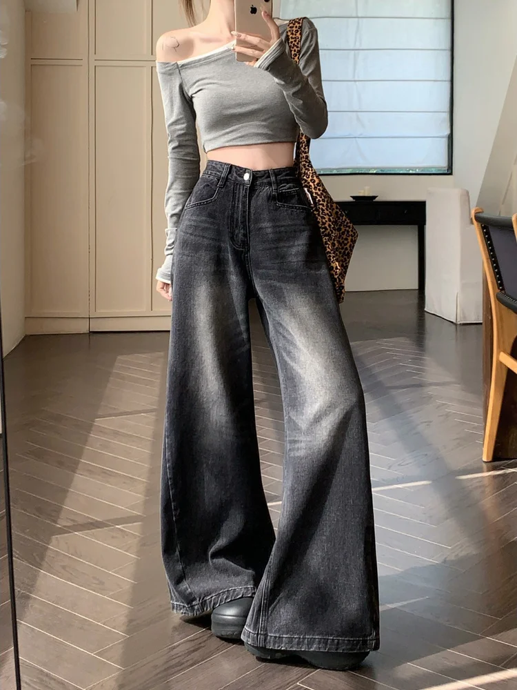 

Женские потертые джинсовые брюки в стиле ретро, черные повседневные широкие джинсы с высокой талией, модные универсальные свободные брюки в пол для поездок на работу