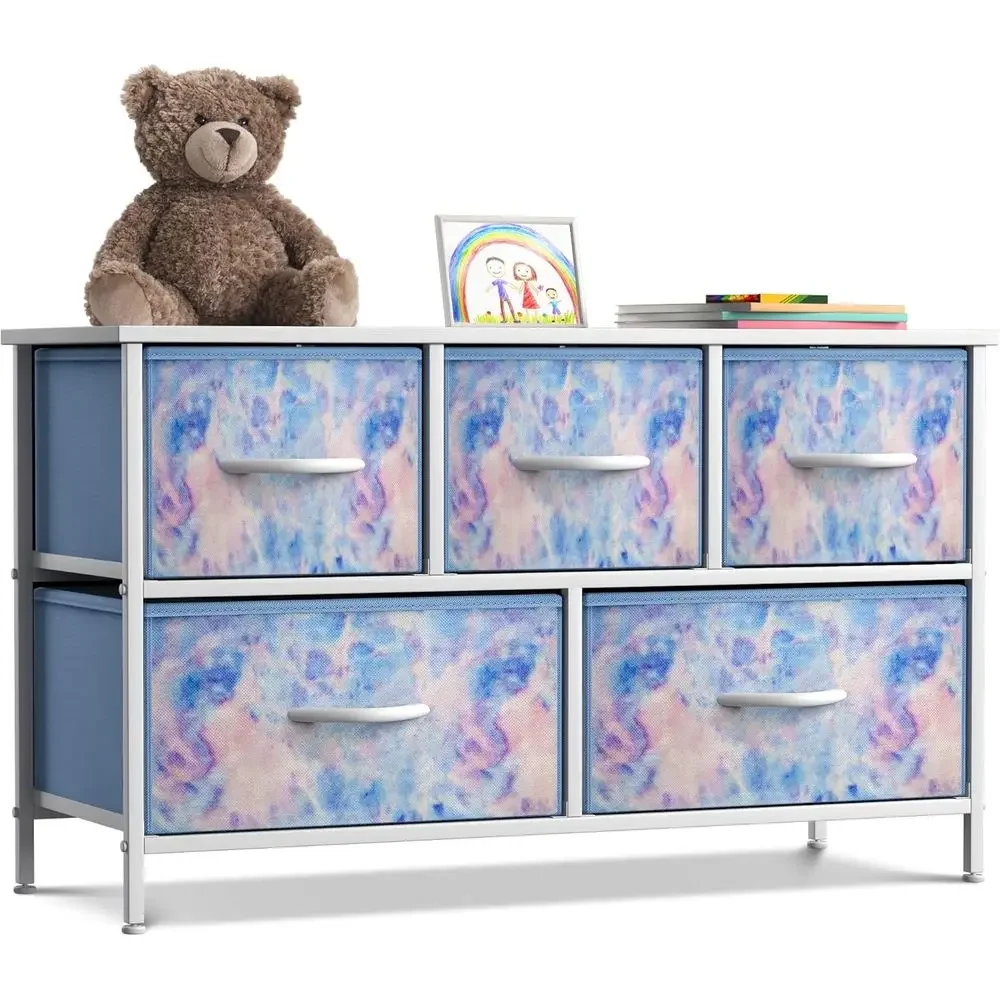 5-Drawer Storage Chest Organizer with Wooden Top and Fabric Bins for TV Stands, Bedrooms, Hallways, and Offices