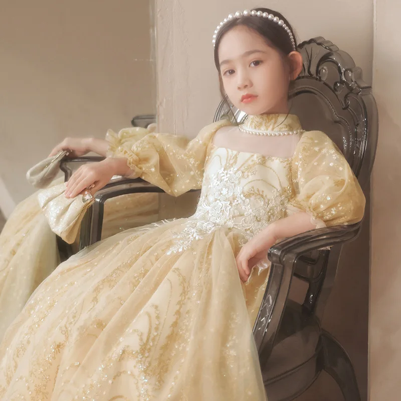 

Детское платье из пышного тюля с цветочным узором на день рождения для маленьких девочек, платье для выступлений на фортепиано, стиль принцессы