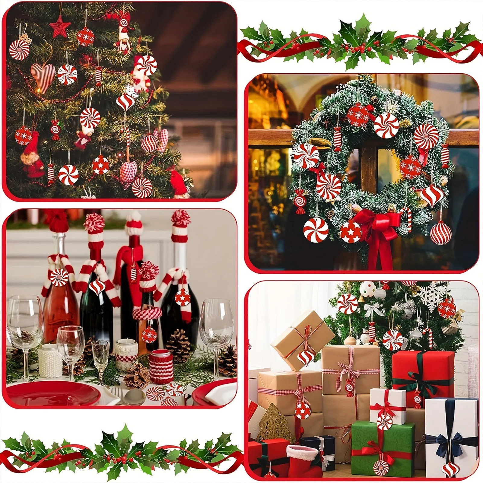 Christmas Cane Candy Ornaments with Eye Catching and Cute Patterns Wood Hangin Suitable for Wall Front Door