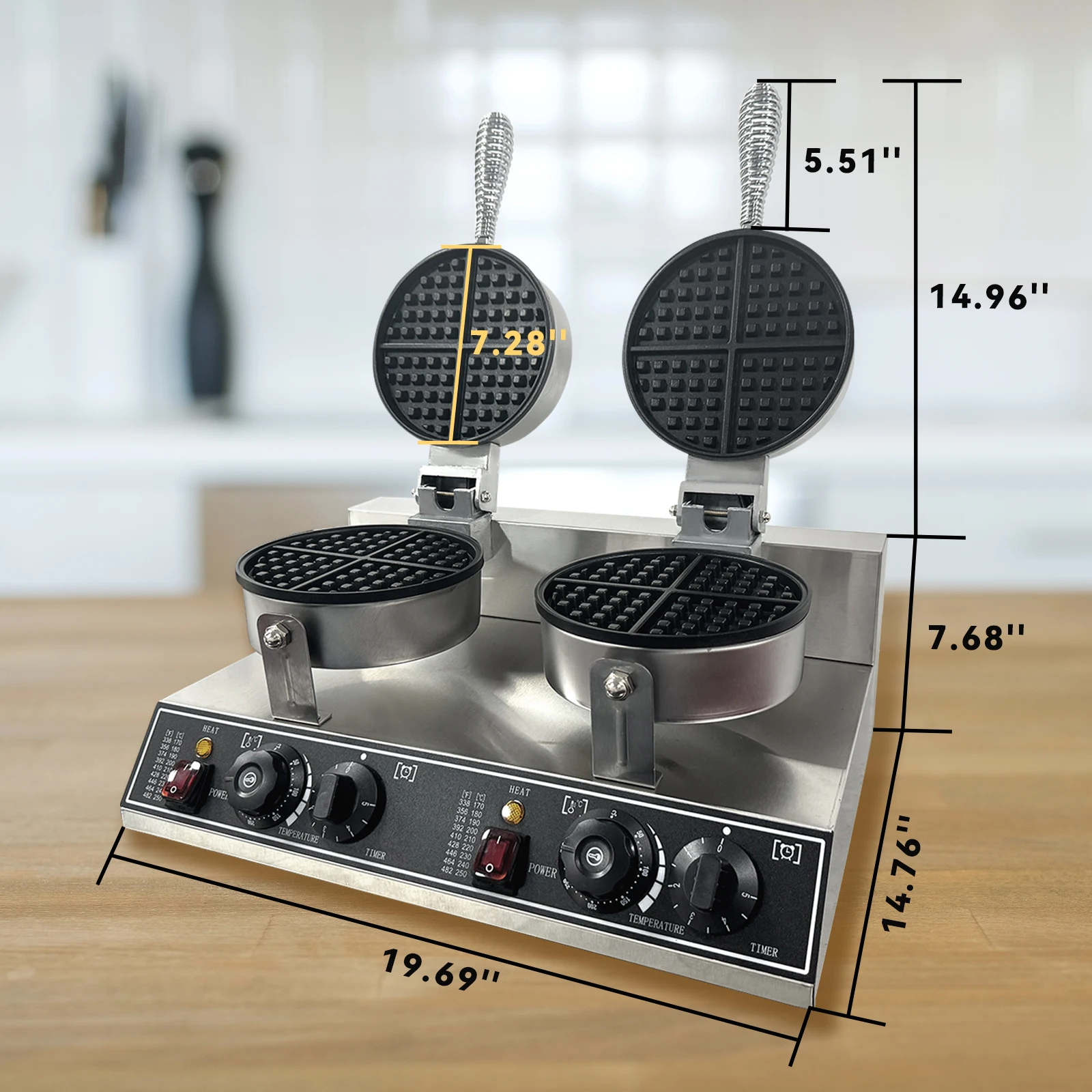 Double Head Commercial Waffle Maker – 2400W Stainless Steel Belgian Waffle Iron – Nonstick, Adjustable Timer & Temperature – Easy Cleaning for Restaurants, Bakeries, Snack Bars, Home Kitchen