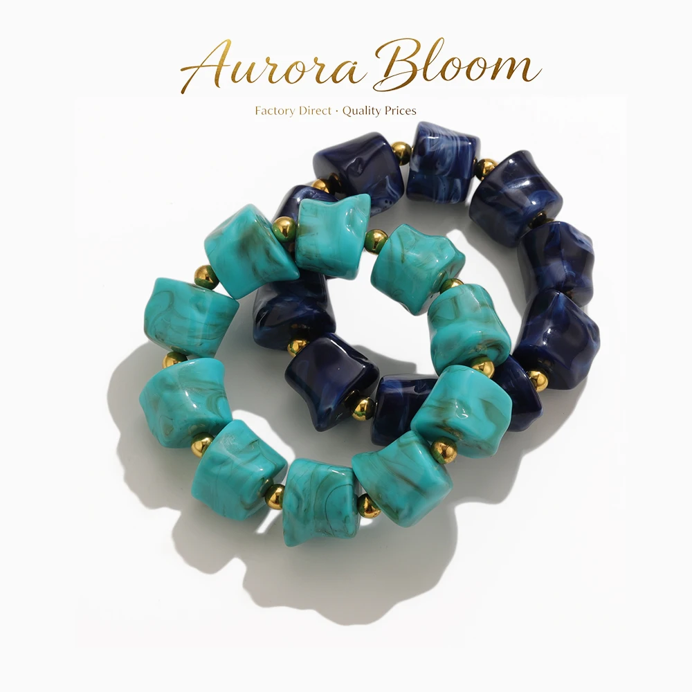 18K PVD Gold Stainless Steel Acrylic Bead Stretch Bracelet Irregular Turquoise Marble Beads Women Stackable Jewelry Accessories