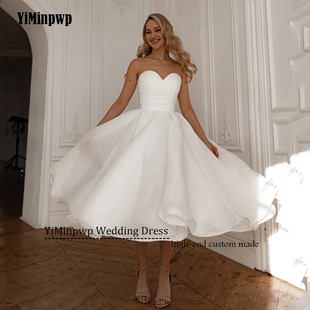 Gaun Pengantin Midi A-Line 2025 Tanpa Lengan Korset Organza Tanpa Tali Model Tea-Length Gaun Pengantin Custom vestidos de novia