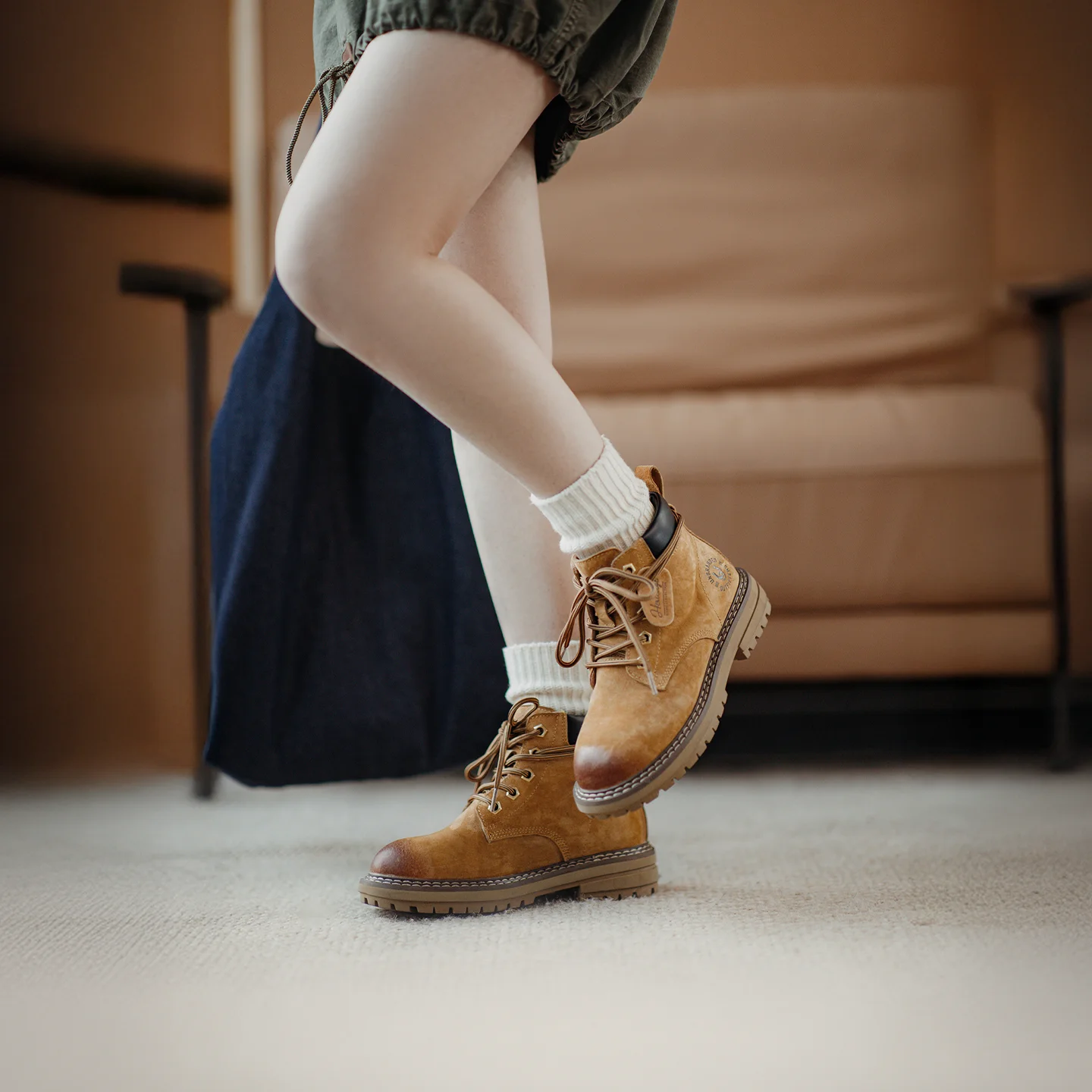 Women's Yellow Suede Lace-Up Ankle Boots - Vintage Workwear Style