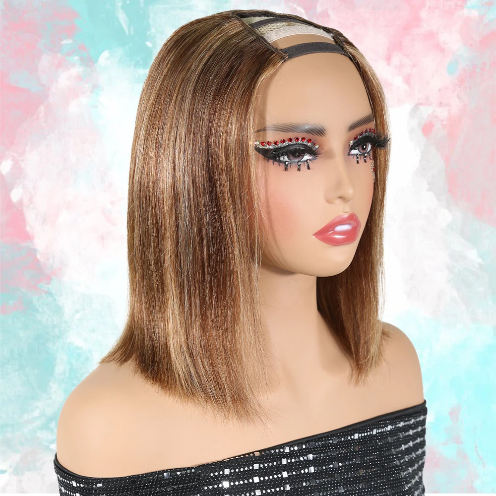 

# 4p27 U-образные парики из человеческих волос, прямые парики боб для женщин, бразильские девственные волосы, короткие парики из человеческих волос, зажим в U-образной части парика