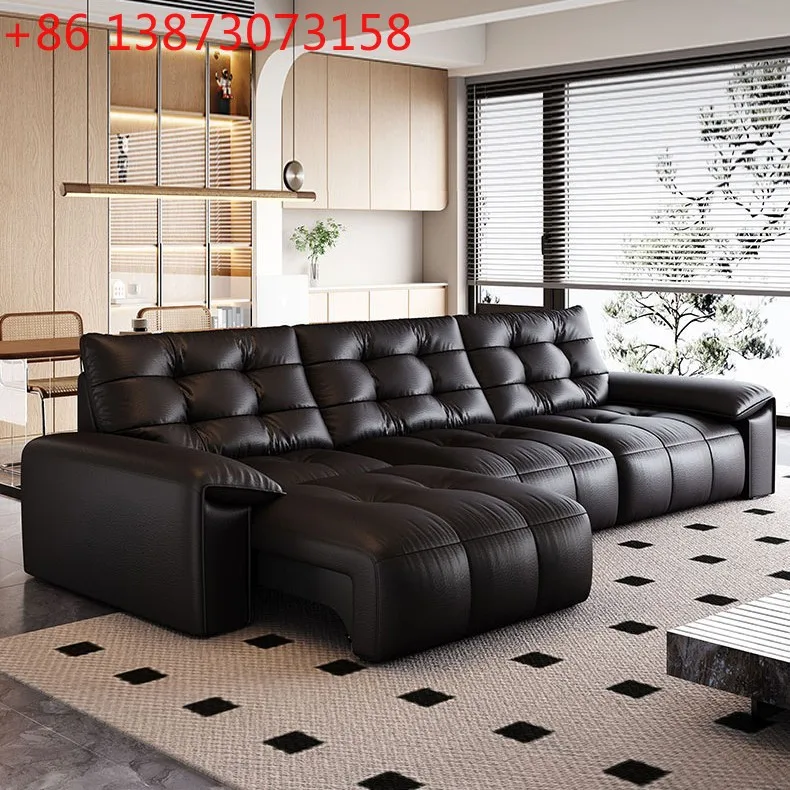 

Leather electric sofa Italian minimalist zero wall functional sofa large small apartment straight row new little black bear sofa