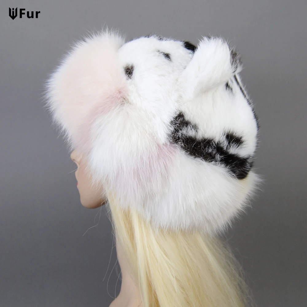 

New Winter Lady Party Fashion Fur Hat Skullies Luxury Knitted Real Genuine Fox Fur Hats Women Beanies Solid Rex Rabbit Fur Caps