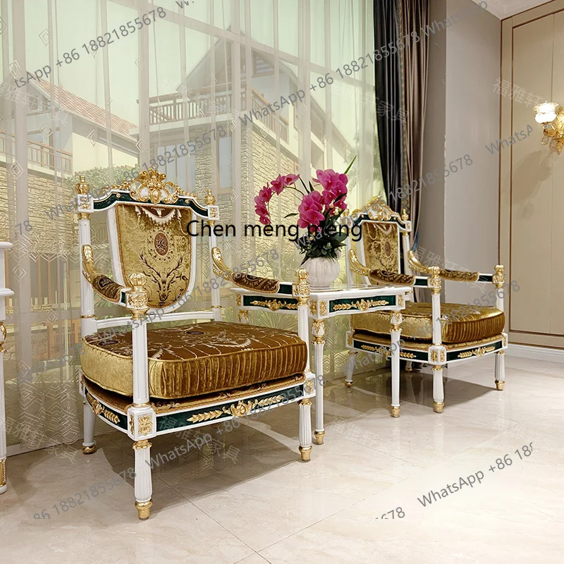 

French European Solid Wood Luxury Sofa Chair Living Room Leisure Area Meeting Guests Gold Foil Fabric High Back Chair