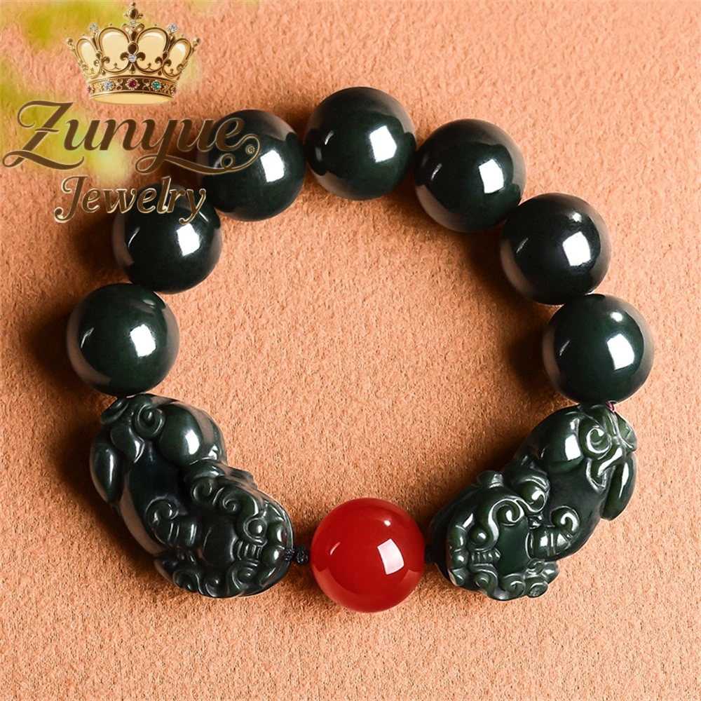 

Authentic Natural Hetian Green Jade Double Pixiu Bracelet High-End Popular Exquisite Luxury Quality Jewelry Holiday Gift Mascots