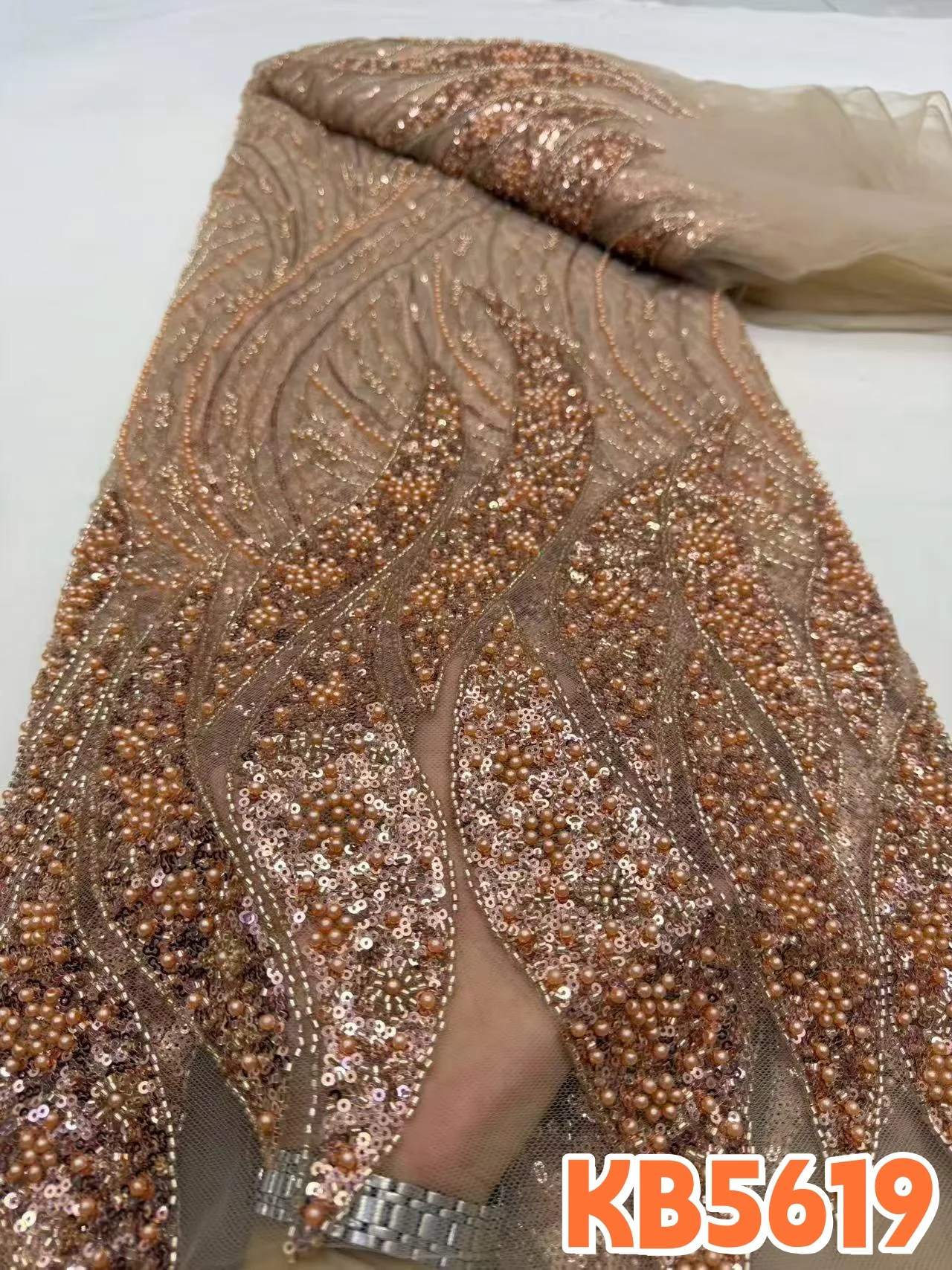 

YALISI Glitters Beads Lace Fabric Nigerian Lace Fabric 5 Yards High Quality 2026 Gold Lace For Wedding Party Dress Sewing KB5619