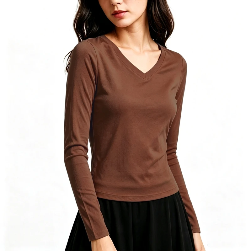 Damen Langarm V-Ausschnitt Slim Fit T-Shirt, Einfarbig, Weich, Dehnbar, Gestricktes Unterhemd, Casual Alltags-Unterwäsche für Frauen Q43 – Detail 3