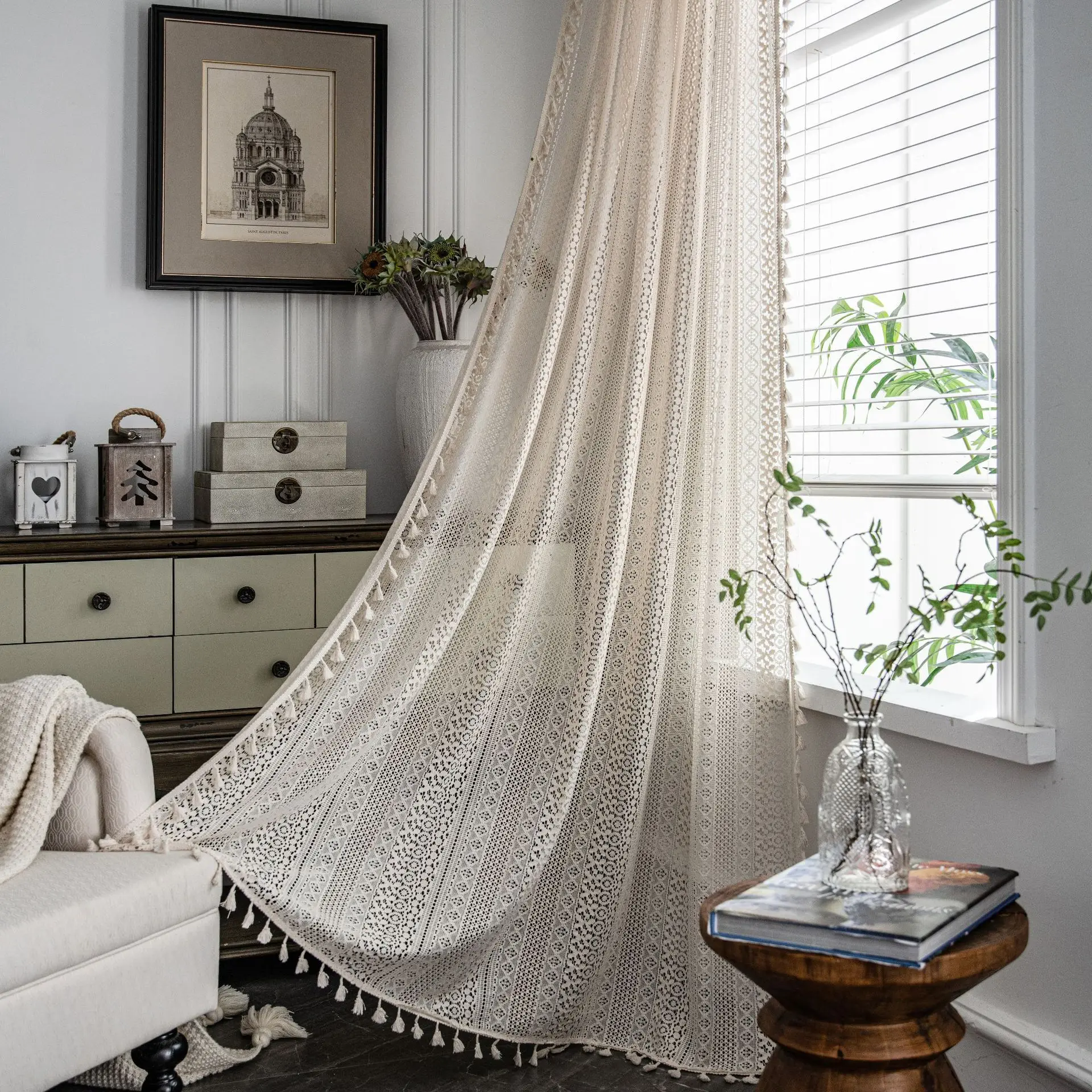 Beige Crochet Hollowed-Out Light-Transmitting Curtains for Living Room Bedroom Semi-Transparent Home Decor Window Treatments