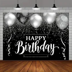 Happy Birthday Backdrop - Black and Silver Glitter Diamond Balloon Photography Background with Shinning Sparkle Effect